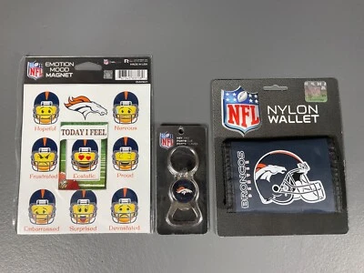 Denver Broncos Triple Cartera Llavero Etiqueta con Abridor de Cerveza Emoción Estado de ánimo Juego de 9 Piezas Imanes Foto 1 de 4