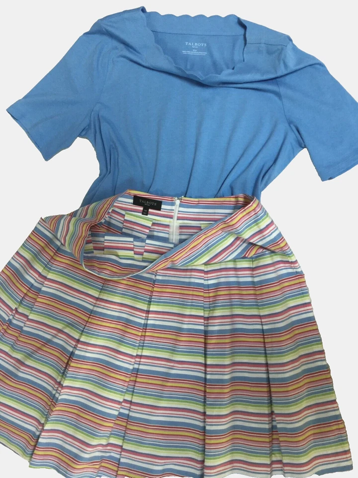 Talbots Mujer Talla 14p Caja Plisada Falda Hasta la Rodilla Algodón Elástico Azul Amarillo Foto 1 de 4