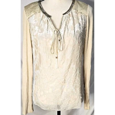 Camisa Top Hale Bob Pequeña Seda Burnout Terciopelo Floral Borla Manga Larga Cuentas Boho Foto 1 de 4