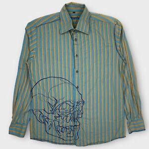 Dragonfly Dress Shirt Mens Large Striped Skull Logo Button Designer Grunge Rock