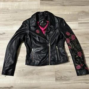 Hard Rock Cafe Lamb Leather Motorcycle Jacket Women's Size Small Black Laura Be - Afbeelding 1 van 14