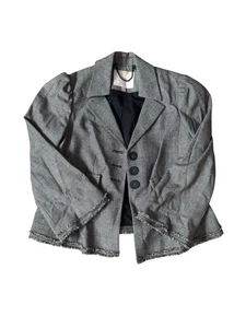 Rebecca Taylor Wool Blend Fringe Hem Blazer Size 6 Black White Tweed Jacket - Picture 1 of 8