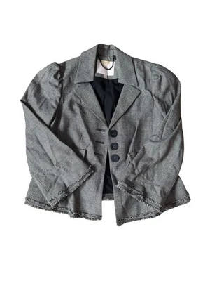 Rebecca Taylor Wool Blend Fringe Hem Blazer Size 6 Black White Tweed Jacket - Image 1 of 4