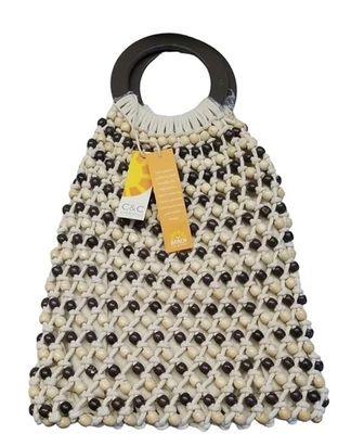 ✅C&C California Beige Macramé Cuentas Redondo Mango de Madera Boho Hippie Cartera Bolso Foto 1 de 4