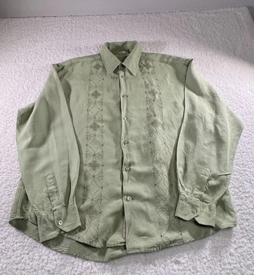 Camisa Cubavera Para Hombre XL Verde Mezcla de Lino Manga Larga Abotonada Hawaiana Foto 1 de 4