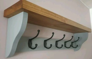 COAT RACK+SHELF Floating Rustic Handmade 6 Black Double Hooks - Picture 1 of 9