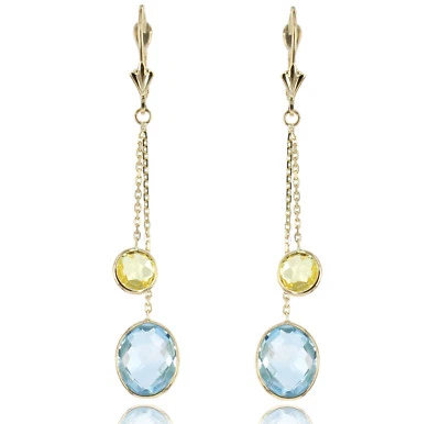 14K Yellow Gold Earrings With Blue and Lemon Topaz Gemstones Dangle - Image 1 of 3
