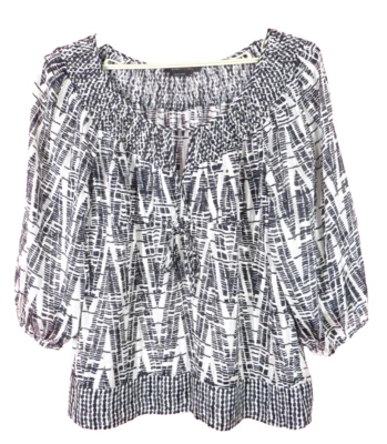 Blusa gitana BCBG MAXAZRIA para mujer 100 % seda manga 3/4 geométrica negra blanca M Foto 1 de 4