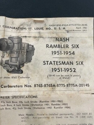 Carburador Carter Nuevo de Lote Antiguo Kit 1951-195 NASH Rambler Six, 1951-52 Statesman Six 1590A Foto 1 de 4