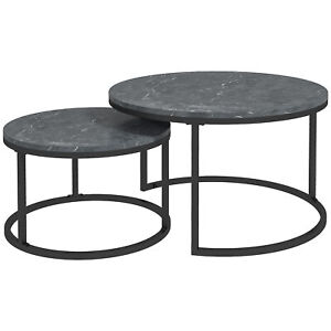 HOMCOM 2 Pcs Stacking Coffee Table Set Steel Frame Marble-Effect Top Foot Pads