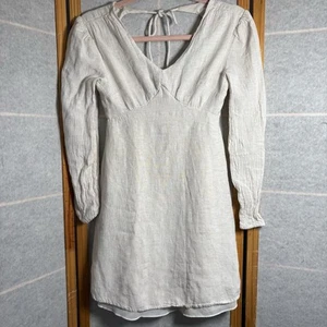 Sincerely Jules Oatmeal Linen Blend Cutout Smocked Long Sleeve Dress Sz XS Boho - Picture 1 of 12