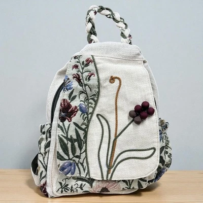 Mochila bordada floral estilingue creme design jardim botânico alça ajustável - Imagem 1 de 4