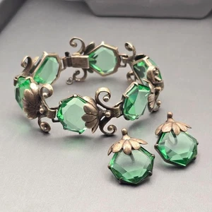 Art Nouveau Sterling Silver Demi-Parure Green Glass Floral Bracelet Earrings - Picture 1 of 24