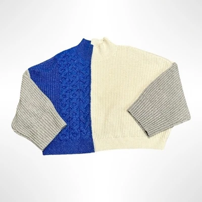 Suéter Express Colorblock Mock Cuello Tejido con Cable Azul Crema Gris Acogedor De Gran Tamaño Foto 1 de 4
