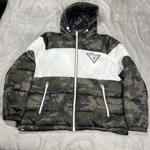Guess Quilted Puffer Jacket Men’s 2XL Camouflage White Hooded Winter Coat Warm - Picture 1 of 24