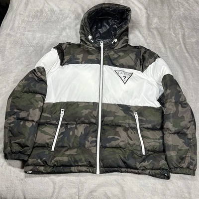 Guess Quilted Puffer Jacket Men’s 2XL Camouflage White Hooded Winter Coat Warm - Image 1 of 4