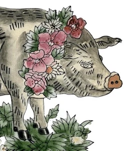 Rare Decorative Pig Plate Painted Etched 10” Flower Garland Daisies - Picture 1 of 6