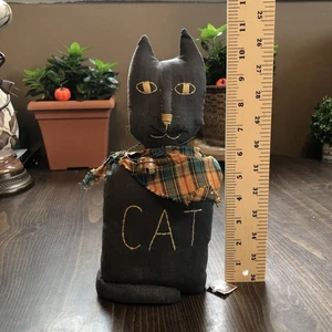 Primitive Black Cat Doll Shelf Sitter Plush Plaid Scarf Halloween Fall Decor 11” - Picture 1 of 15