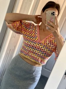 Crochet Crop Top T Shirt Colorfull Handmade Granny Square Crochet Top Size M - Picture 1 of 5