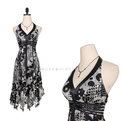 Sue Wong Midi Dress Cocktail Gown 2 Black White Silk Babydoll Y2K Fairy Burnout - Image 1 of 4