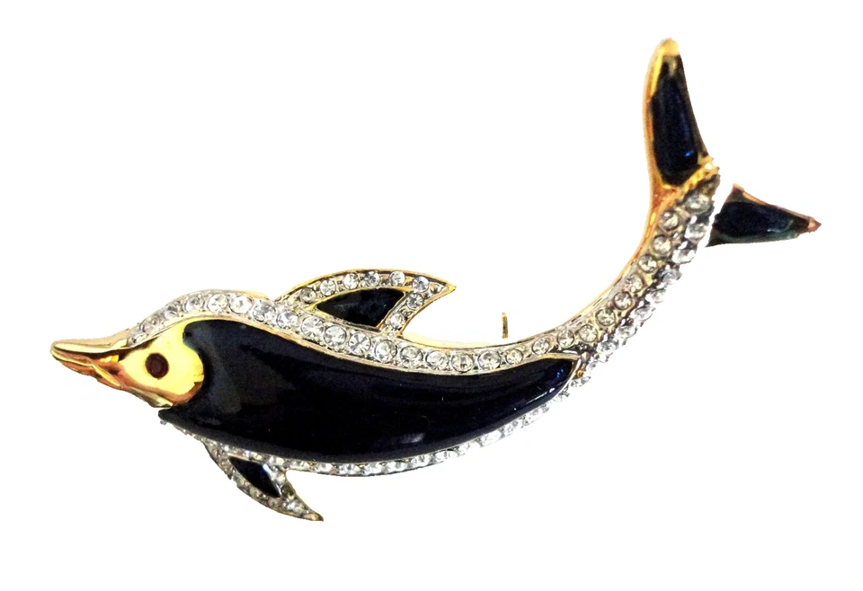 Broche de delfín prendedores chapados en oro marsopa esmalte azul y cristales regalo de Navidad Foto 1 de 1