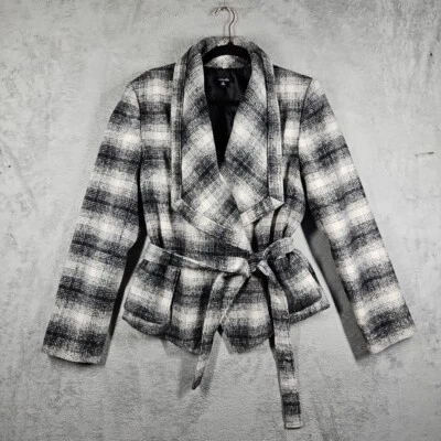 Rafaella Women's Check Plaid Black And White Wool Blend Tie Jacket Coat Size L - Image 1 of 4