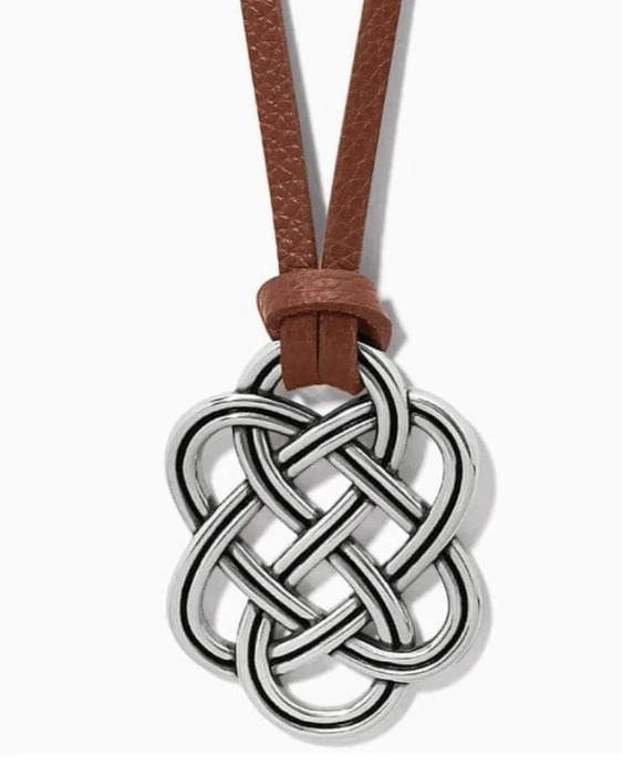 Brighton Silver Plated INTERLOK TRELLIS Brown Leather Long Necklace JM7416