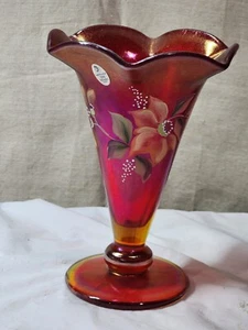 Fenton Art Glass 100th Anniversary  Hand Painted Red Stretch Trumpet Vase 8" H - Picture 1 of 5