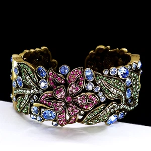 HEIDI DAUS PINK FLOWER SWAROVSKI CRYSTAL HINGED CUFF BRACELET BLUE GREEN - Picture 1 of 9