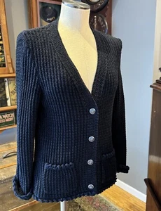 Vintage Chanel CC Button Cotton & Silk Navy Blue Cardigan Size 42 - Picture 1 of 10