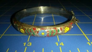 925 Sterling Silver Vintage Enamel Floral & Heart Pattern Bangle Bracelet  - Picture 1 of 7