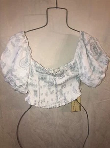 VINTAGE HAVANA M NWT blue white Puff sleeve off shoulder shirt top - Picture 1 of 12