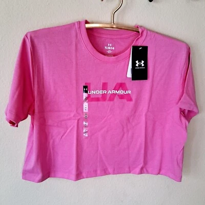 Under Armour T-Shirt YL Girls Crop Boxy Pink Logo Loose Fit - Image 1 of 3