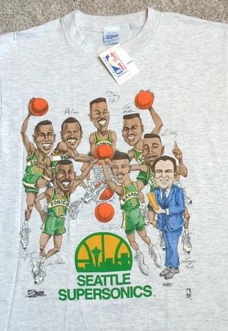 NWT Vintage Seattle Supersonics Gary Payton Shawn Kemp Caricature Shirt USA SML Cover