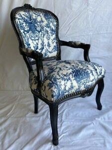 LOUIS XV ARM CHAIR FRENCH STYLE CHAIR VINTAGE FURNITURE BLUE FLOWERS BLACK WOOD