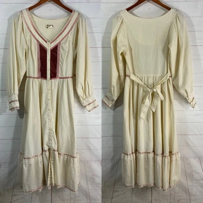 Vtg 70s Gunne Sax Long Prairie Dress Size 5 Ivory /Pink Lace & Ribbon Details - Image 1 of 4