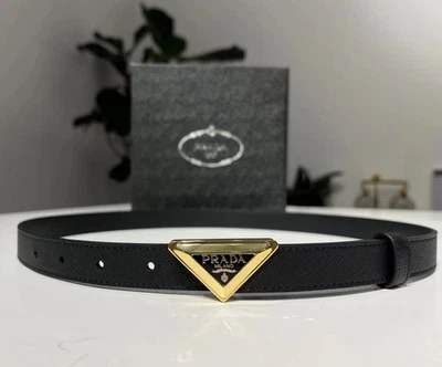 Prada Saffiano Women Black Silver Triangle Logo 100cm Leather Belt,Size 85/34 - Image 1 of 4