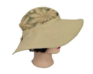 Vintage 1930s Beach Sun Hat Tan Wide Brim Cut-Out Lined Crown Blue Connectors - Picture 1 of 9