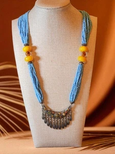 Boho Fringe Necklace – Blue Seed Beads & Yellow Accent Beads – Tribal Statement - Picture 1 of 5