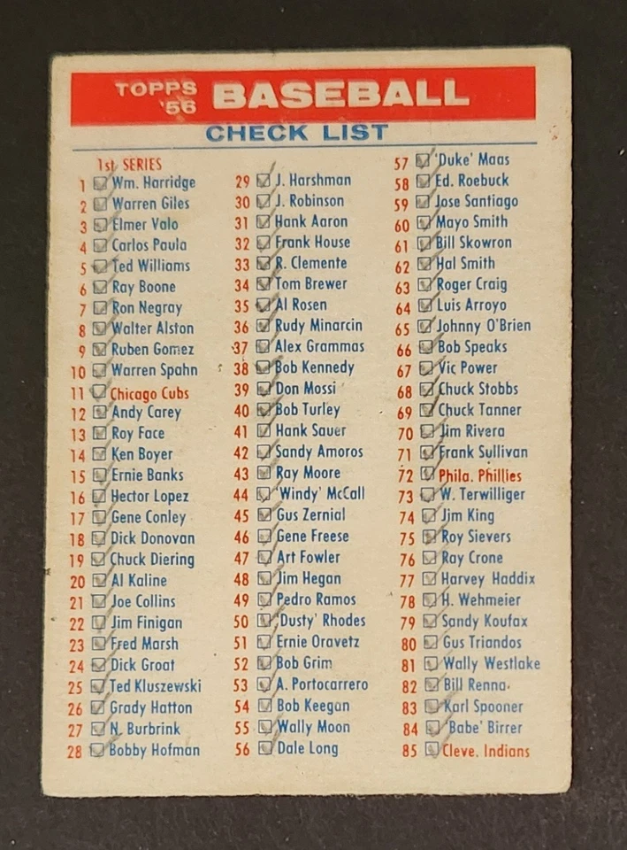 1956 Topps Baseball #NNO Checklist 1/3 1st/3rd Series G-VG MARKED Low Shipping - Image 1 of 2