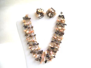 Vintage Signed Brown & Pink Four Strand Necklace & Earring Set - Picture 1 of 9