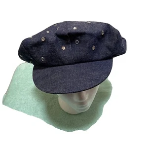 Blue Denim Flat Cap 10 inch Diameter With Clear Beads - Picture 1 of 8