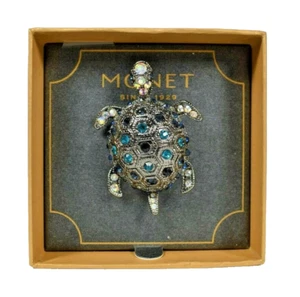 Monet Teal and AB Rhinestone Silver Tone Brooch Pin (New in Box) - Picture 1 of 3