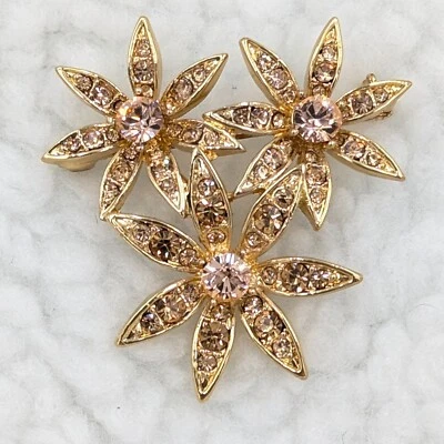 Broche Rosa y Champagne Estrás Tono Dorado Flores 1 1/2" Brillo Pin Nuevo Foto 1 de 4