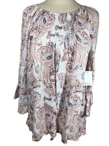 89th & MADISON Women's XL Peasant BOHO Smock Neck Bell Sleeve Top Blouse  G06