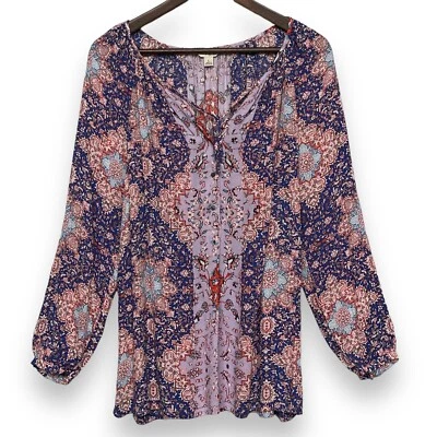 Blusa popover transparente Lucky Brand feminina tamanho G multicolorida estampa boho rayon - Imagem 1 de 4