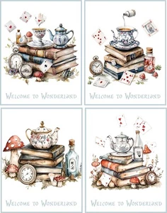8 ALICE IN WONDERLAND TEA PARTY INVITATION TEA POTS FOLD OUT GLOSSY BLANK CARDS - Picture 1 of 3