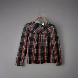 J Crew Peasant Blouse Medium Red Black Tartan Plaid Organic - Picture 1 of 4