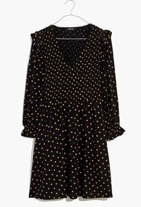 Madewell Womens L Lucie Mini Dress V-Neck Smocked Oval Dot Black Pocket Cottage - Picture 1 of 10