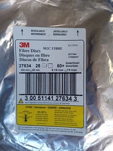3M Fibre Disc 9-1/8" x 7/8" 60 grit 232mm X 22mm 27634 25ct New Unopened - Picture 1 of 2
